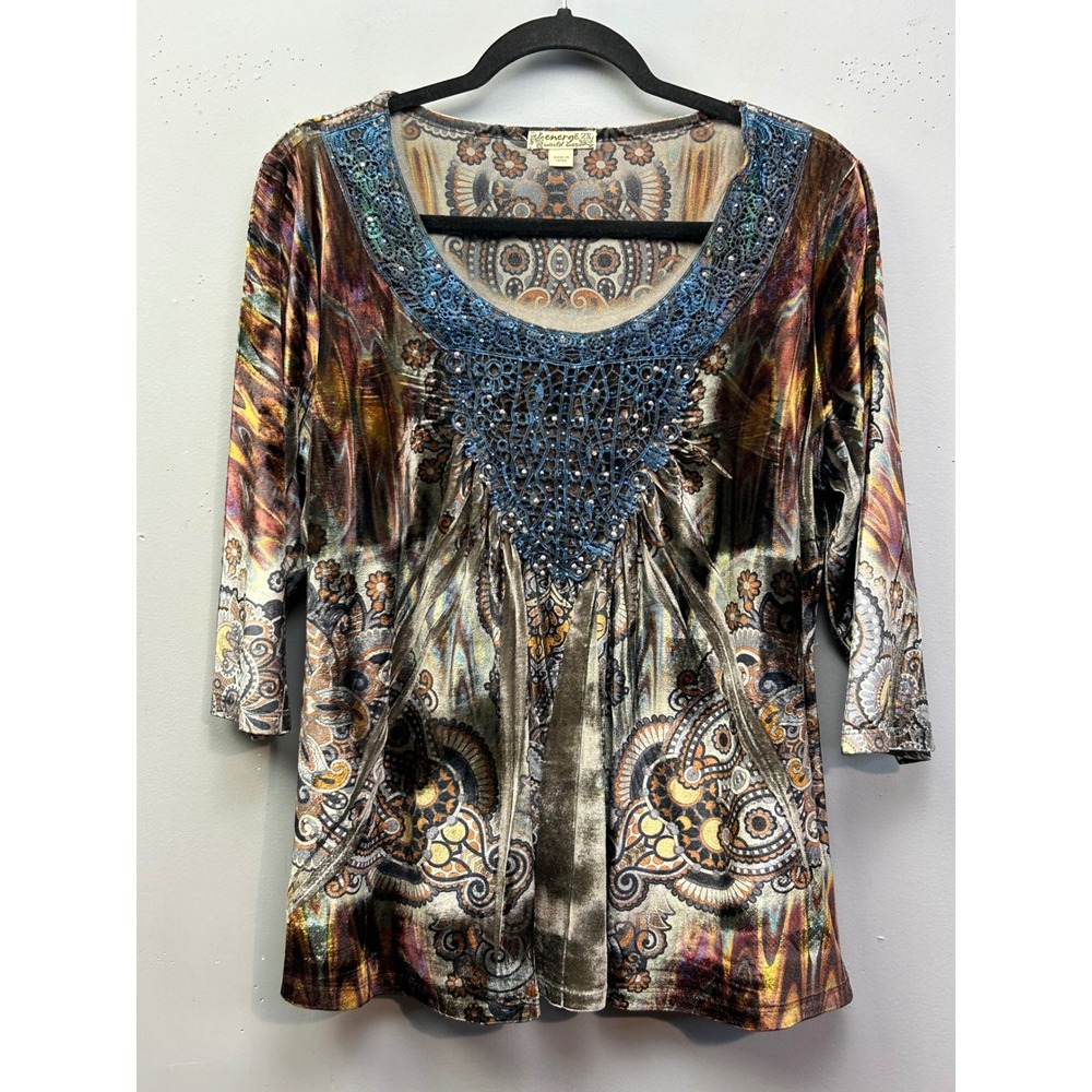 Energe‎ Top Women 2X Multi Paisley World Wear Crochet Rhinestone Boho Tunic 3/4